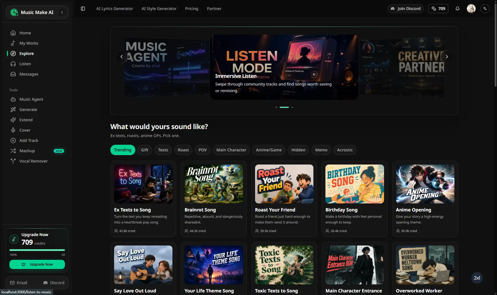 Explore page—browse community public songs, discover creative inspiration