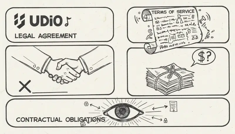 Concept art of a legal document with Udio branding — professional legal visual style