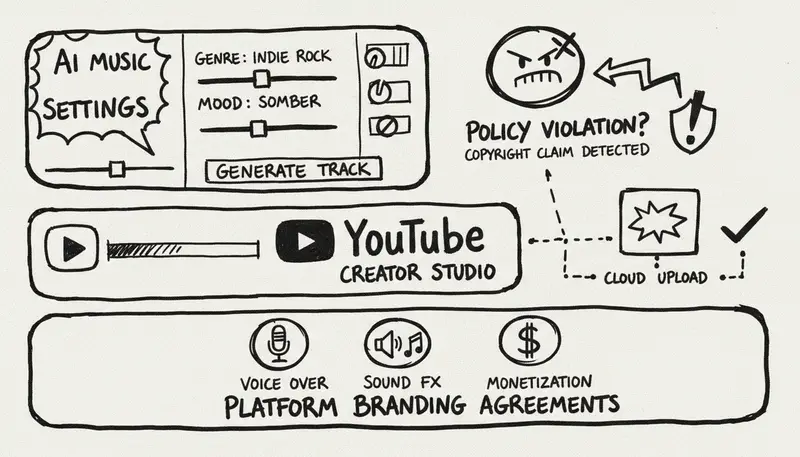 YouTube Creator Studio interface highlighting AI music settings