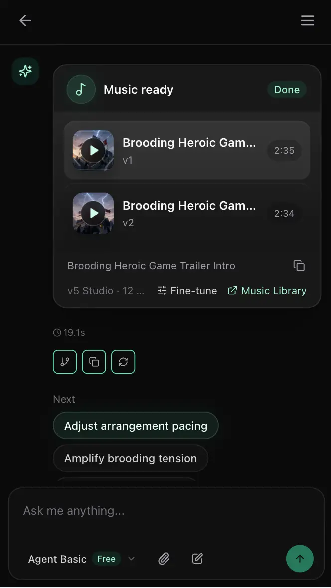 MusicMake.ai mobile Music Agent result