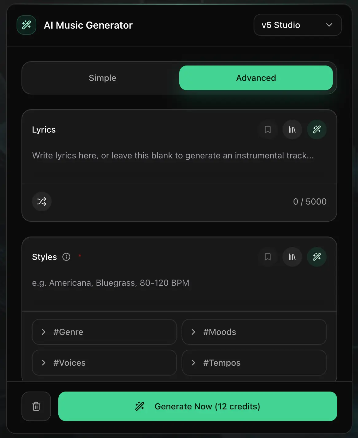 Updated AI music generator form with library actions and clear button