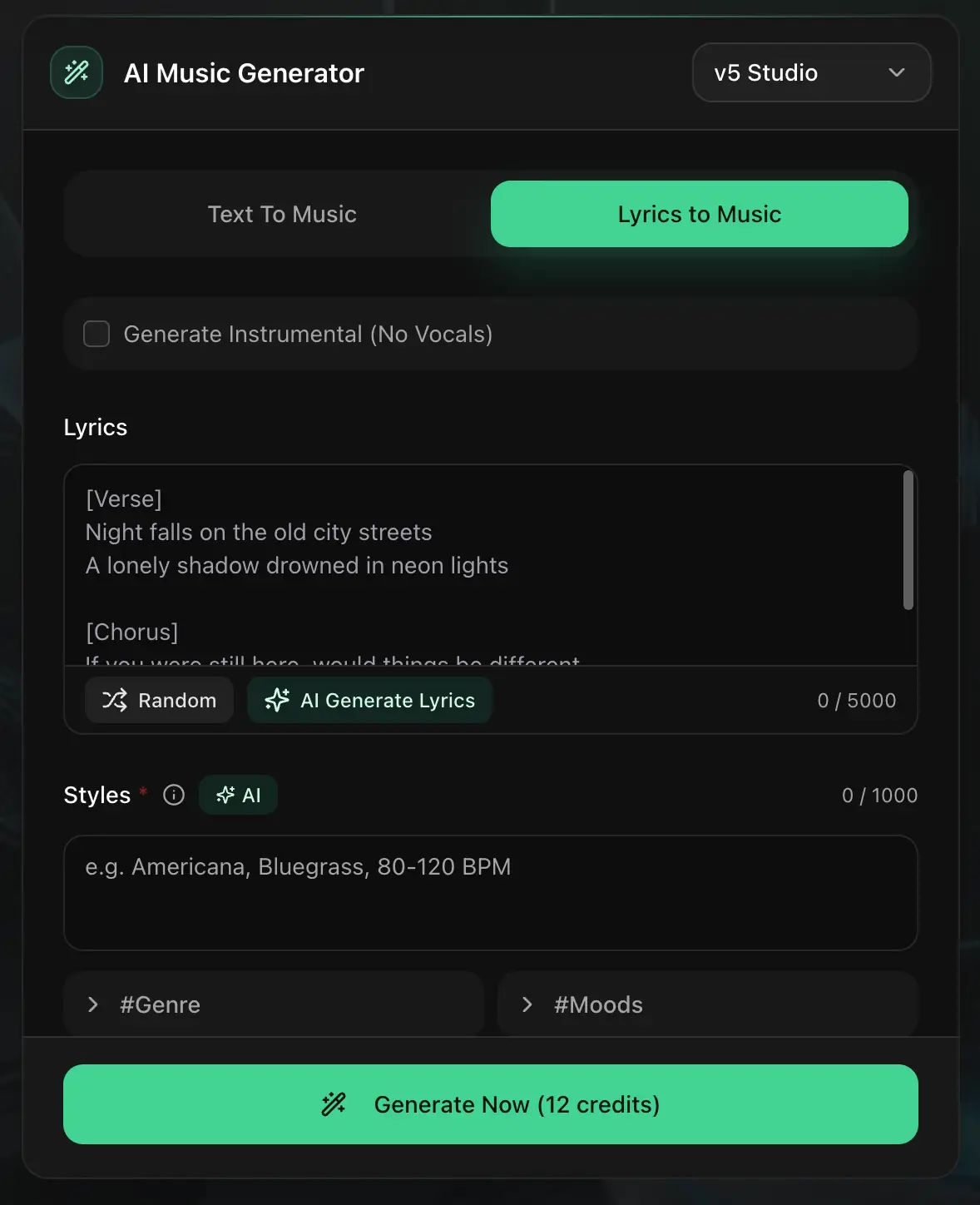 Previous AI music generator form