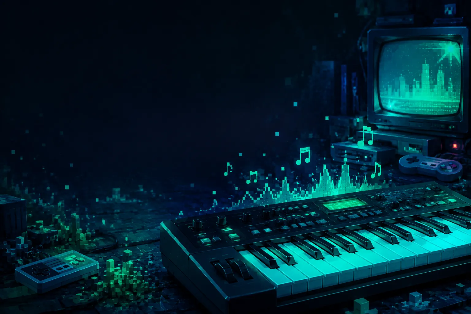 Retro-Pixel-Arcade-Raum mit leuchtenden Synthesizer-Tasten und Chiptune-Musik-Energie
