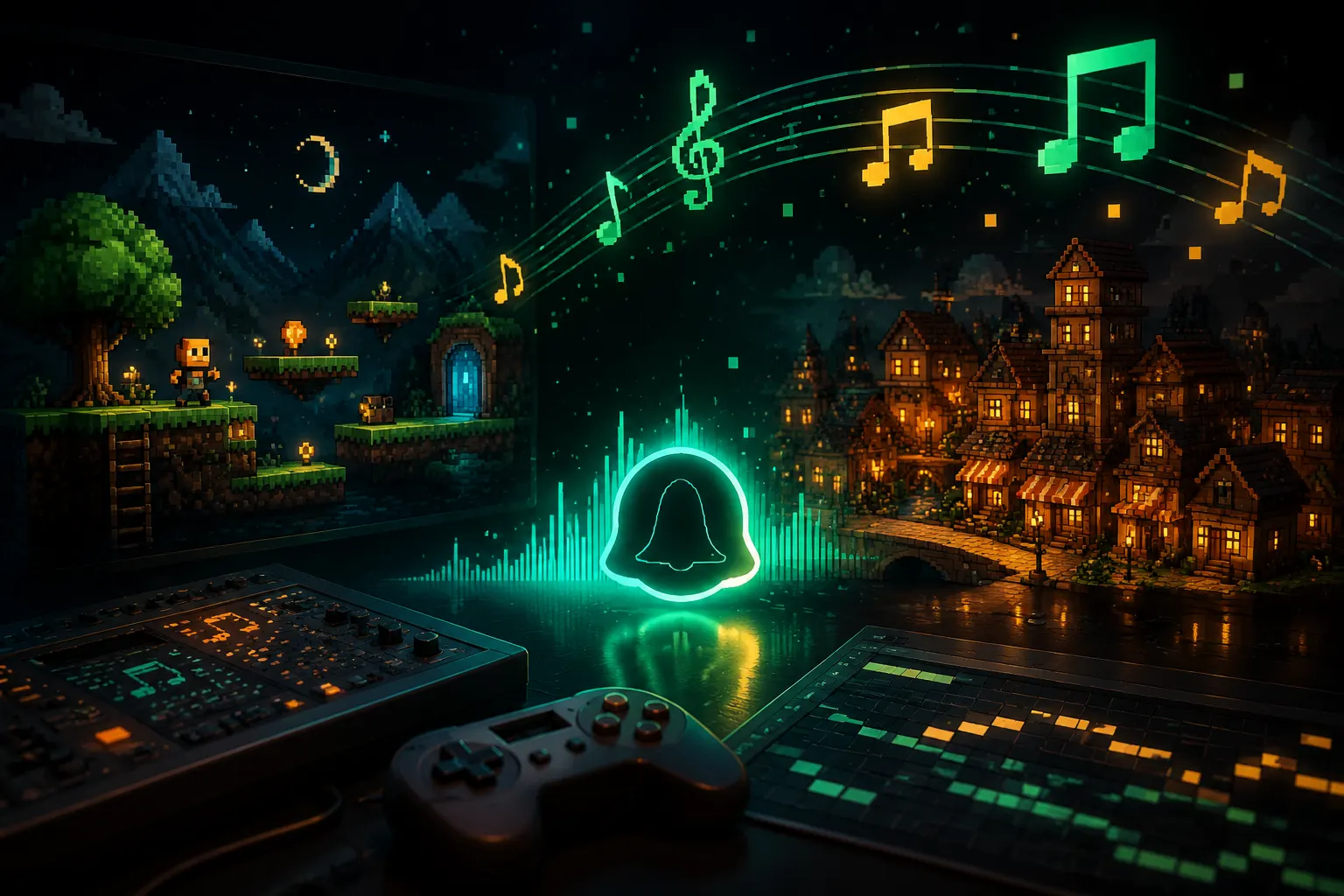 Retro-Pixel-Spiel-Szenen und Arcade-Soundtrack-Visuals für Chiptune-Creator-Projekte