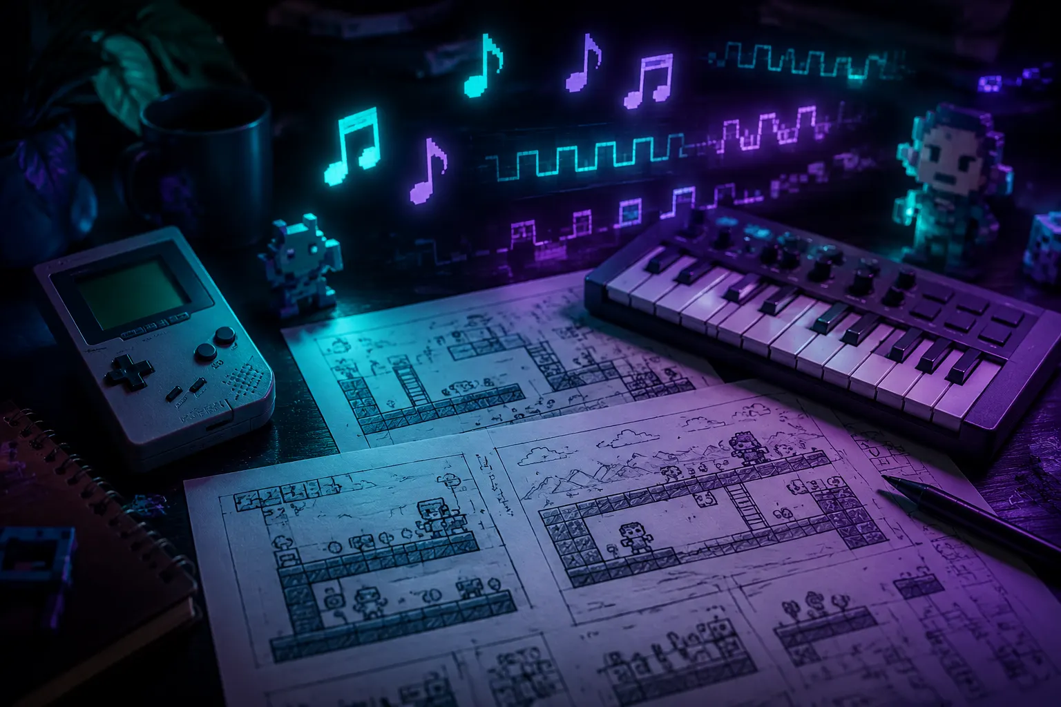 Pixel-Spiel-Level-Planungstisch mit Retro-Noten und Chiptune-prompt-Inspiration