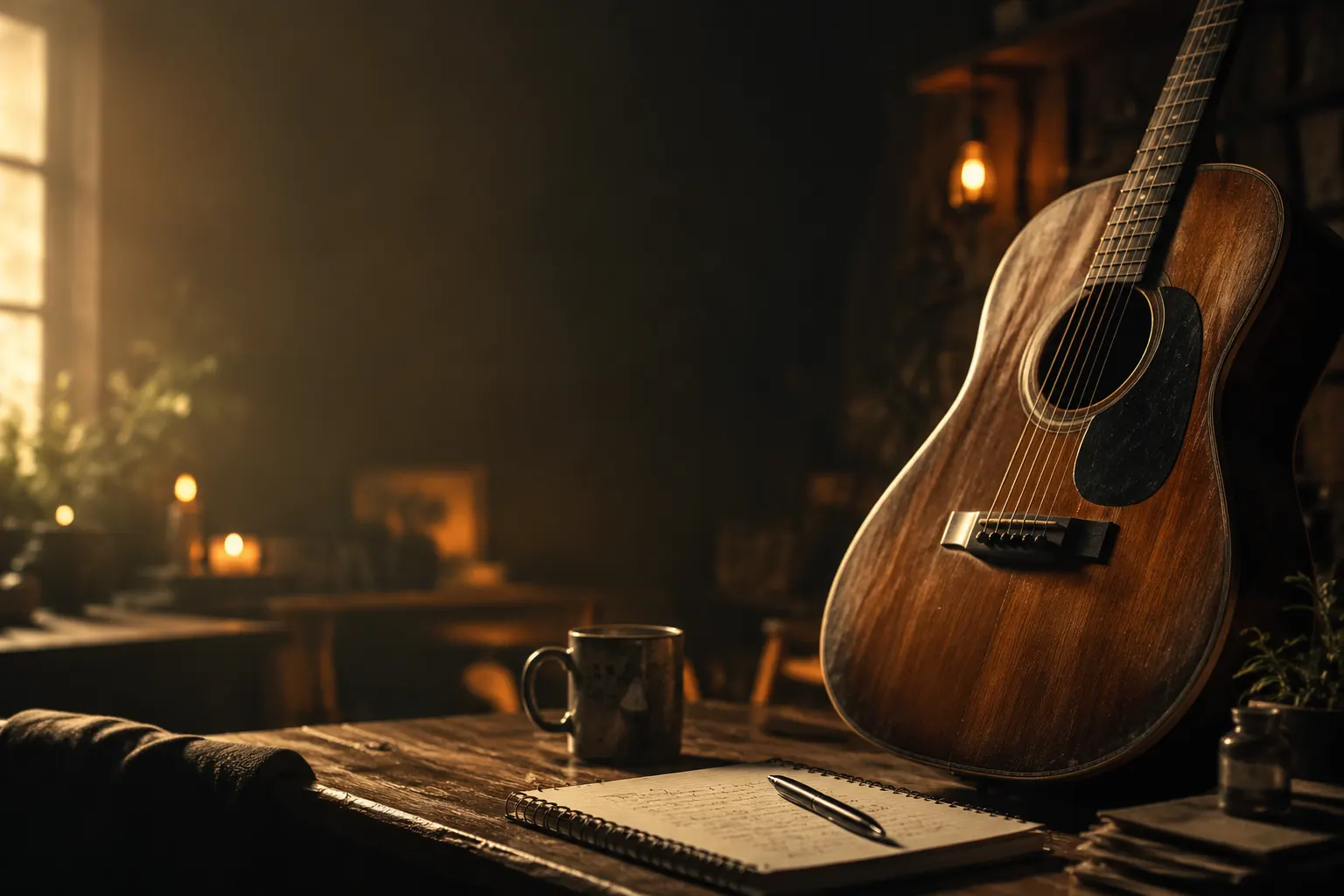 Akustikgitarre in einem gemütlichen Raum mit warmer Beleuchtung