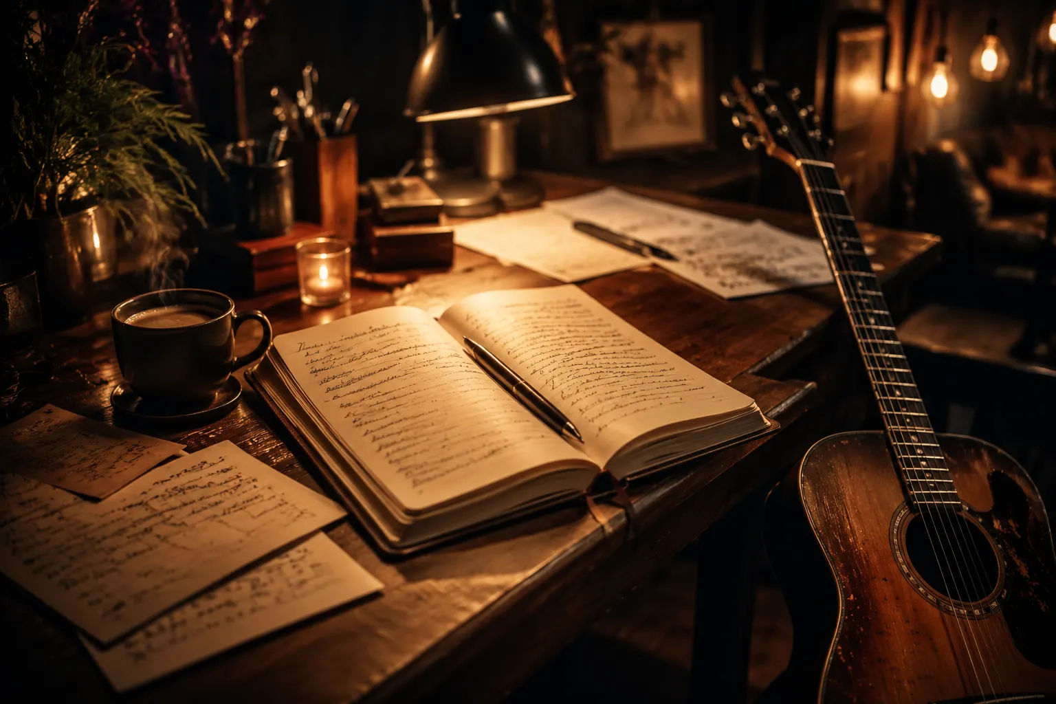 Songwriting-Notizbuch mit Akustikgitarre und Kaffee
