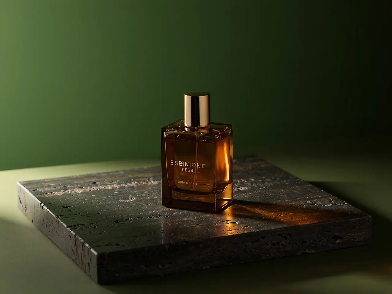 Een luxe parfumstilleven met precieze reflecties, premium materialen en een rustig redactioneel kleurenpalet.