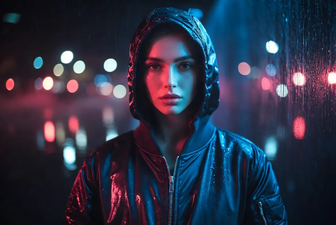 Een stemmig streetwear portret met dramatisch lichtcontrast en een scherpe redactionele toon.