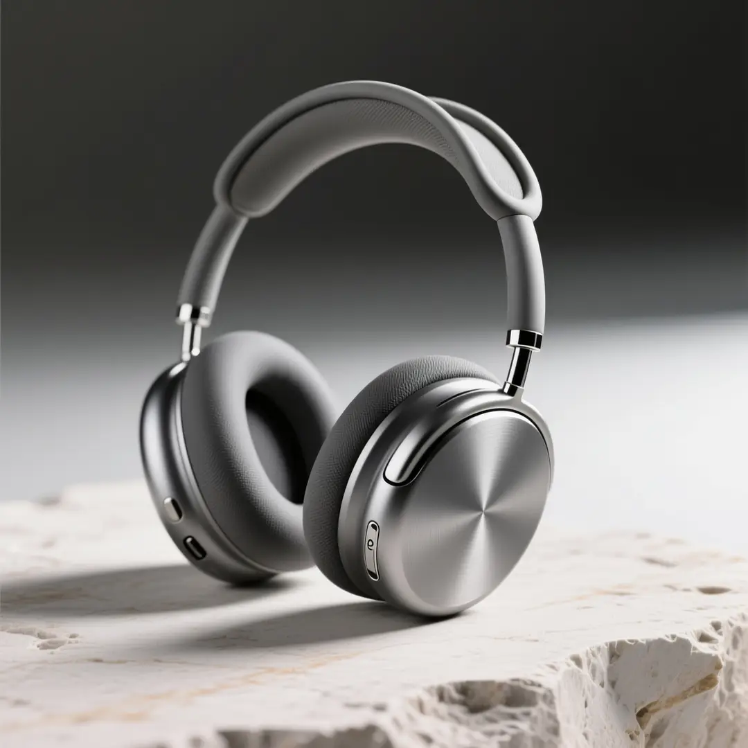 A crisp wireless headphones product hero shot with intentional material choices and a luxury color palette.