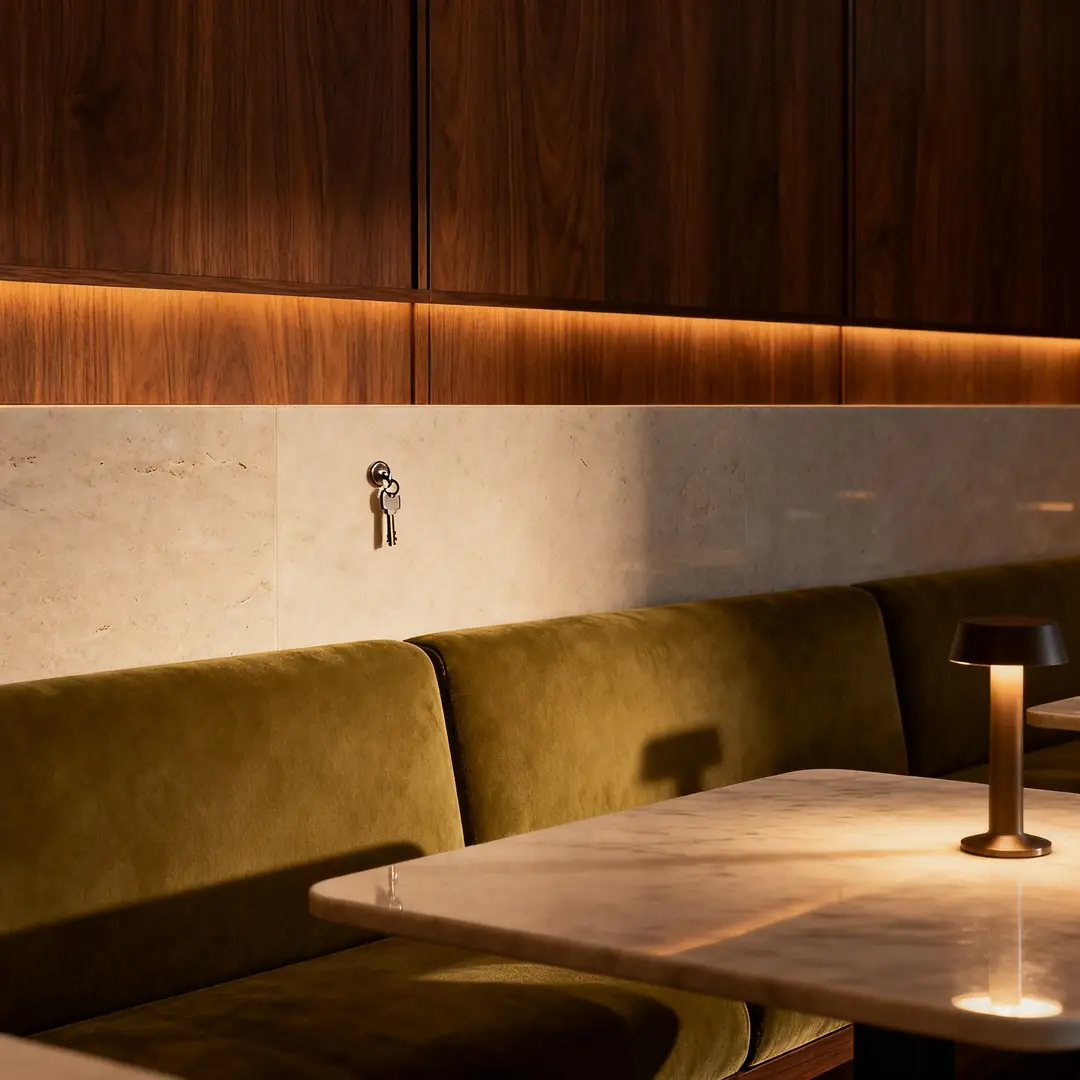A hotel lounge key visual showcasing clean materials, controlled lighting, and a polished hospitality atmosphere.